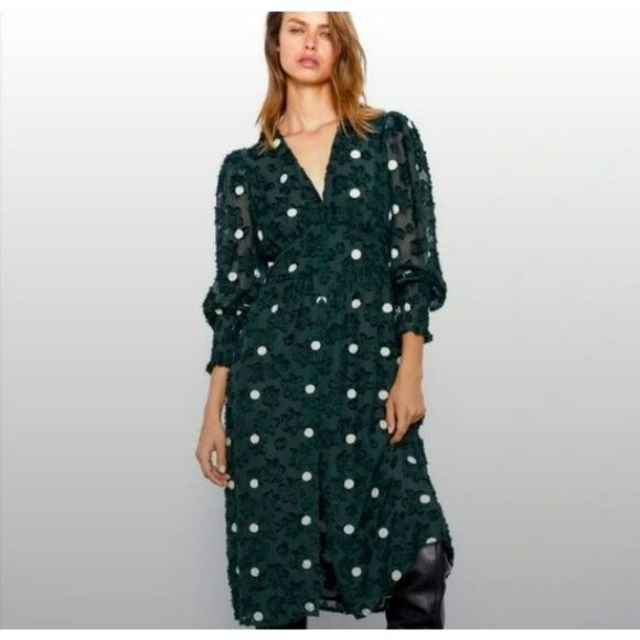 Zara Emerald Green Sheer Textured Polka Dot Dress Medium Limited Edition - Picture 1 of 16